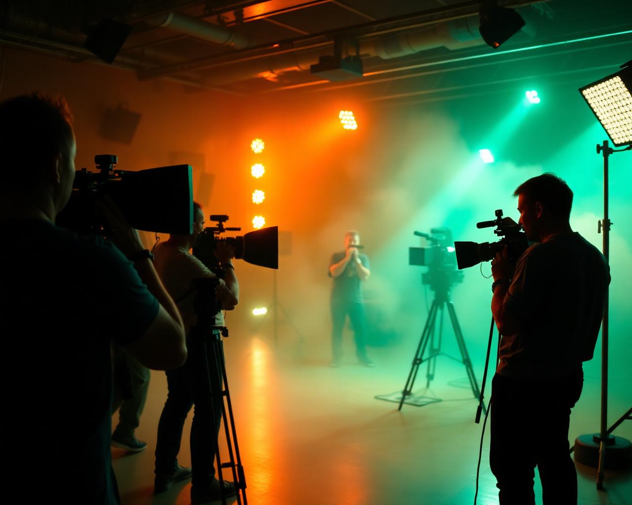 Behind the scenes on a music video set with cinematic lighting