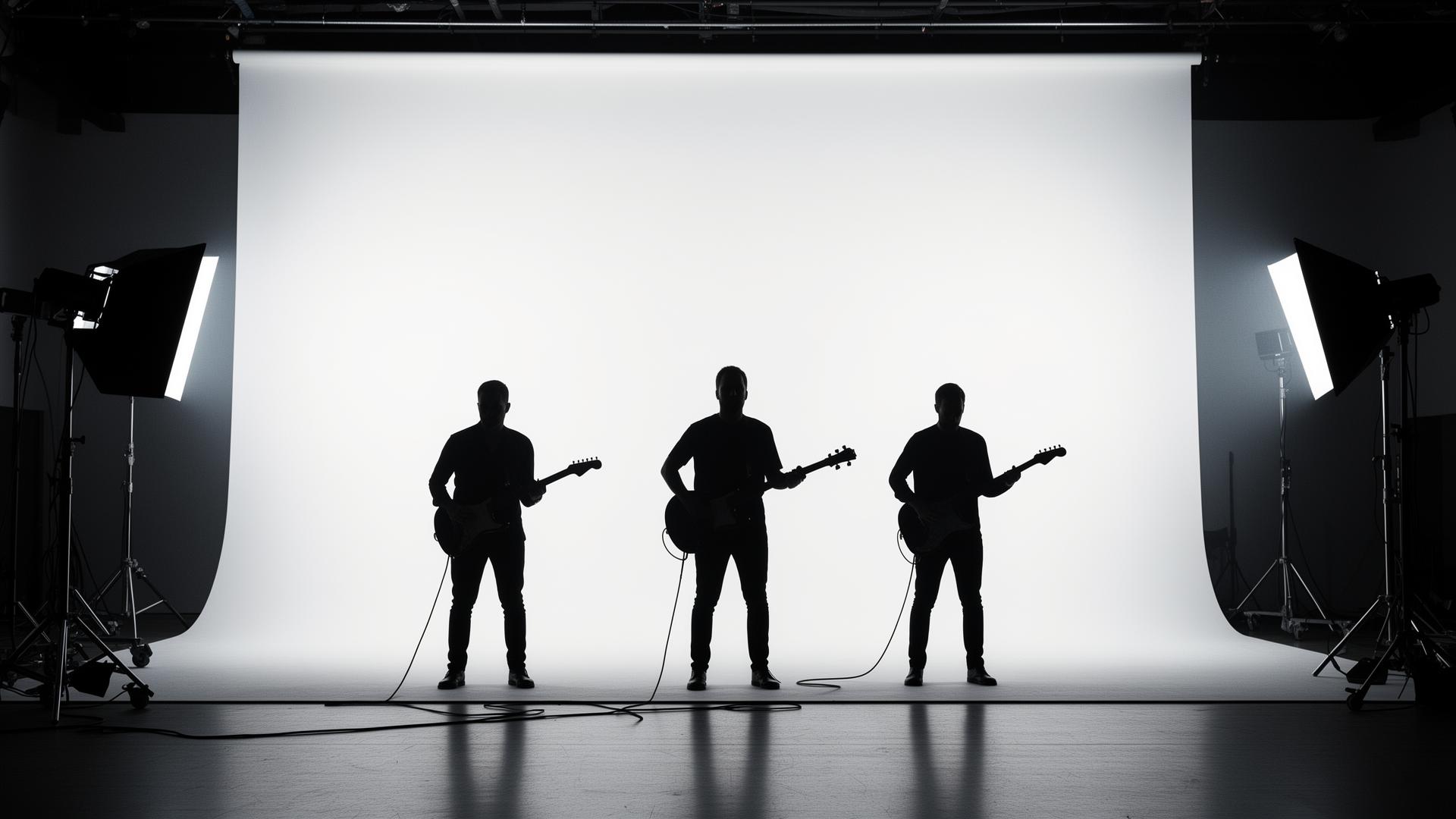 Band silhouettes against a seamless white cyclorama