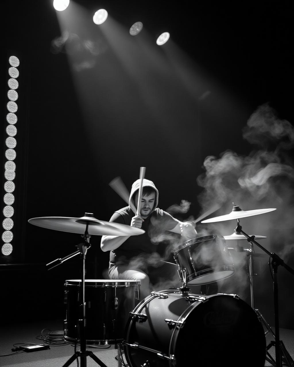 Drummer mid-performance under stage lighting