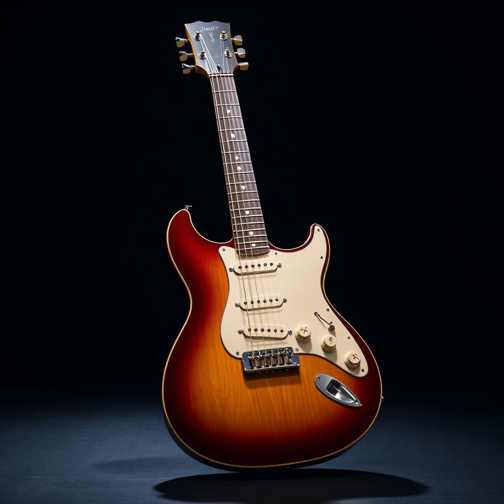 Sunburst electric guitar under single-source lighting