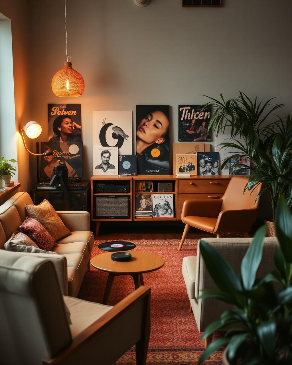 Curated lounge interior with vinyl and warm lighting