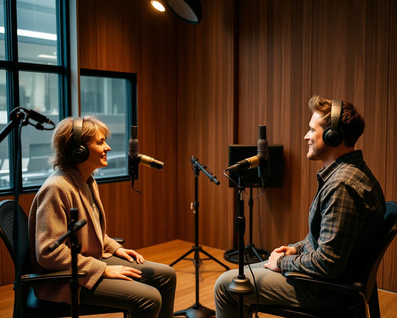 Two artists recording a podcast in a wood-panelled room